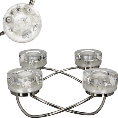 Productafbeelding van Casablanca adventslicht "Smart" basis. Verchroomd. 4 glaselementen. Handgeblazen en gevuld met gel. Zilverkleurig/helder, gevuld met sneeuwvlokken, sterren en ballen. Zilverkleurig/wit. Inclusief theelicht. Handgemaakt - Gemaakt in Duitsland - Draag