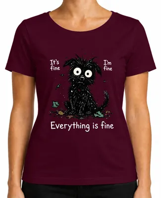 Immagine prodotto di Va bene, sto bene, tutto è a posto. T-shirt da donna "Hund Statement", con scritta sarcastica, colore bordeaux, taglia XL