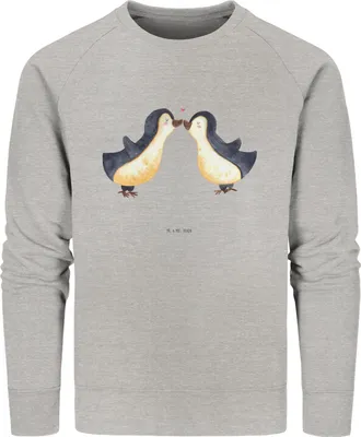 Produktbild von Mr. & Mrs. Panda Baumwoll Pullover Pinguine Kuss Größe XXL - Heather Grey - Geschenk, Valentinstag, Freundin, Sweatshirt, Bio-Pullover, Hochzeitstag, Mitbringsel, für