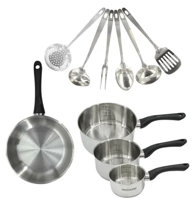 Kochset: 1 Pfanne 24 cm, 3 Töpfe 12-20 cm, 6 Utensilien, Edelstahl
