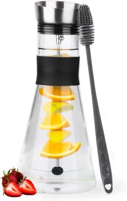 Produktbild von Glaskar mit Fruchteinbauer und Metalldeckel - 1,4 L Wasserkrug - Reinigungsbürste - Wasserkrug - Saftpresse mit Fruchtkugel.