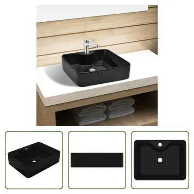 Produktbild von Keramik Waschbecken mit Hahnloch Schwarz Quadratisch