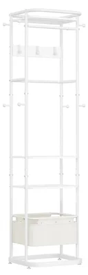 Image de Portemanteau - Portemanteau sur pied avec étagères - 3 étagères - Grand panier de rangement - 11 crochets - En bois, design moderne pour l'entrée et la chambre - Blanc