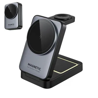 A 3-in-1 magnetic wireless charger in a folded, upright position, with a smaller inset image showing the charger in a closed, compact state.