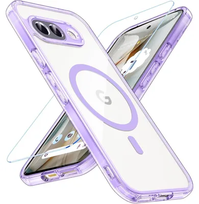 Image de Coque de protection pour Google Pixel 9a, compatible MagSafe, en verre trempé, antichoc, transparente, de couleur violette