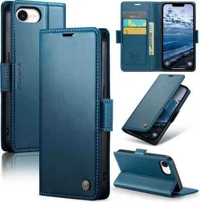 Produktbild von Lederhülle für iPhone 16e/iPhone 17e Brieftasche Kartenfach Schutzhülle mit Standfunktion Blau
