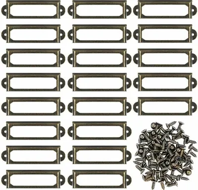 Produktbild von 50 Stück Etikettenhalter aus Metall für Möbel, Schubladen, Schränke, Karten, Namensschilder, Rahmen mit Schrauben für Schreibtisch, Bücherregal, Bücherregal, Regale, Bronze (S 59 x 17 mm)