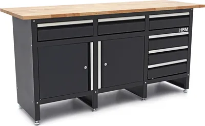 Produktbild von HBM Werkbank 171 cm mit 6 Schubladen und 2 Türen, Arbeitsplatte aus Massivholz, schwarz