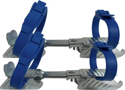 A pair of blue and silver children's skates are shown against a white background.