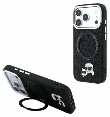 Obrázok produktu pre Karl Lagerfeld, stojan s prstencom, 360°, motívy Karl & Choupette, magnetický kryt MagSafe pre Apple iPhone 18 Pro Max / 17 Pro Max, čierna farba