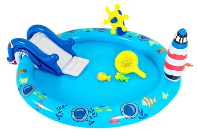 Produktbild von COSTWAY Aufblasbares Planschbecken, Wasserspielzentrum mit Meeresmotiven & haiförmiger Rutsche, Wasserpark Kinder in Leuchtturmform 188x153x63cm