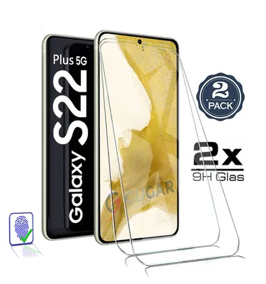 A product shot of two screen protectors for a Samsung Galaxy S22 Plus 5G phone, with packaging elements and text overlays.