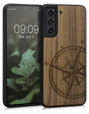 Produktbild von kwmobile Handyhülle für Samsung Galaxy S21 FE Hülle Holz - Case mit TPU Bumper - Stoßfestes Hardcase - Schutzhülle Cover in Dunkelbraun