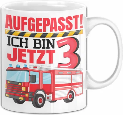 Produktbild von 3. Geburtstag Geschenk Tasse Becher Jungs Feuerwehr Aufgepasst Ich Bin Jetzt 3 (Weiß)