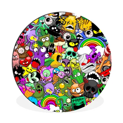 Produktbild von MuchoWow® Aluminium Wandkreis Neon - Muster - Lustig - Monster - Regenbogen - Kinder Ø 90 cm Wanddeko Modern Wohnzimmer - Mauerkreis - Wandbilder - Runde Bild - Bild aus Aluminium - Schlafzimmer - Wohnzimmerdekoration - Wand Dekoration