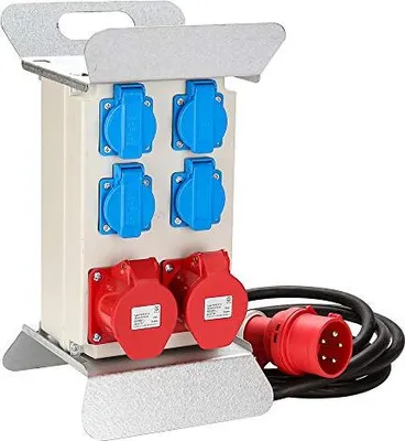 Immagine prodotto di quadro di distribuzione carpenteria Distributore di corrente da cantiere Distribuzione di corrente CEE 2 x 16A 400V+4x 230V 5 poli IP44 Distributore di corrente Schuko Distributore da parete Con coperture a cerniera di sicurezza Cavo per cantiere¡