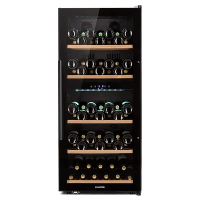Produktbild von Klarstein Weinkühlschrank, Getränkekühlschrank Schmal, 2 Zonen Kühlschrank mit Glastür, Getränkekühlschränke Freistehend, Weinkühlschrank Klein, Weinkühlschränke mit UV-Schutz, 5-18°C, 91 Flaschen