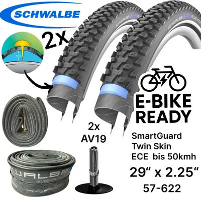 Produktbild von 2x Schwalbe Marathon Plus MTB Ebike SG 29x2,25" 57-622  Reifen + Schläuche AV19 Set