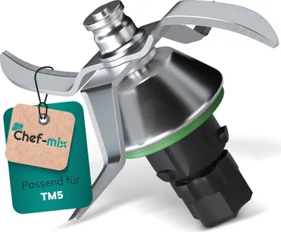 A close-up studio shot of a kitchen appliance blade attachment with a tag.