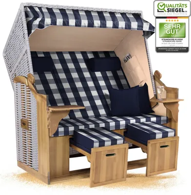 Produktbild von Strandkorb Ostsee 2,5-Sitzer 150cm breit in Beige Weiß Blau Kariert Zerlegt ideal für Balkon, Terrasse oder Garten