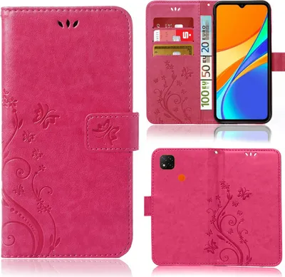 A collage of images showing a pink phone case with a floral pattern, a phone inside the case, and card slots.
