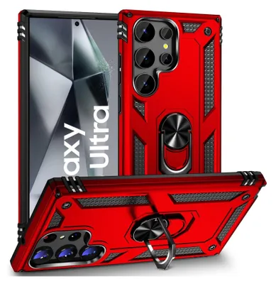A red phone case with a ring holder is displayed from multiple angles, with a phone screen showing the text 'Galaxy Ultra'.