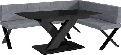 Produktbild von MEBLINI Eckbank für Esszimmer mit ausziehbarem Tisch - Küchenbank - Essecke - Sitzecke Küche - PETER - X-Beine 142x196x87cm Rechts - Grau Samt/B Schwarz Hochgl.