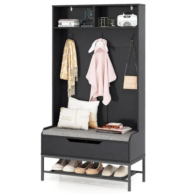 Produktbild von GOPLUS Garderobenständer mit Sitzbank, 4-in-1 Garderobe mit 3 Haken und Abalgen, Kleiderständer mit Schuhregal, Flurregal, Garderobenregal, Schwarz