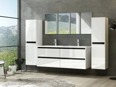 Produktbild von Doppelwaschtisch Keramik Badmöbel Set 120 cm Weiß Badezimmermöbel Set 6Teilig