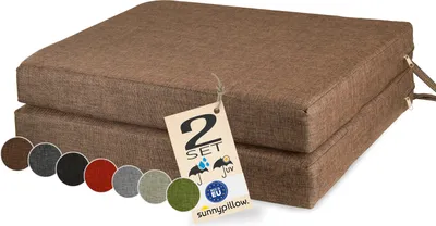 Produktbild von sunnypillow 2er Set Stuhlkissen 50 x 50 cm wasserdicht UV-lichtecht 7cm dick - Outdoor Polsterauflage mit Bändern - Auflage für Stühle,Bänke - Sitzkissen Stuhlauflage für Haus und Garten - Braun