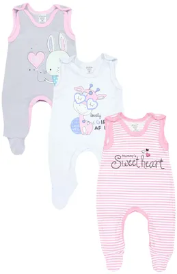 Produktbild von TupTam Baby Mädchen Strampler mit Fuß 3er Pack, Farbe: Streifen Giraffe Kaninchen Rosa Weiß Grau , Größe: 56