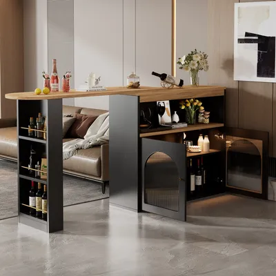 Produktbild von Abrihome ausziehbar Bartisch 360°Drehbar, Esszimmertisch Stehtisch mit Schrank und LED, Schwarz