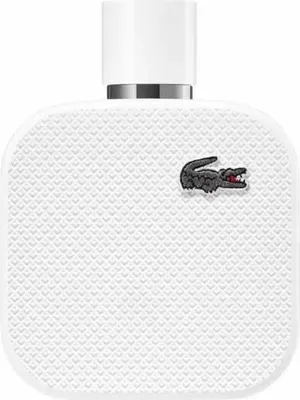 A white bottle of Lacoste L.12.12 Blanc Men Eau De Parfum Spray.