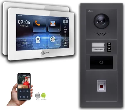 Produktbild von Goliath 2-Draht BUS Video Türklingel: 2 Familienhaus, Fingerprint, RFID, Anthrazit : 7 Zoll in Weiß : Unterputzdose Monitor Auswahl: 7 Zoll in Weiß Türklingel Montagedose: Unterputzdose