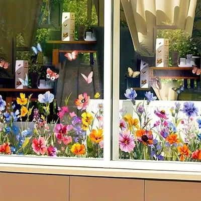 Produktbild von GKA XL Fensterbild Blumen Schmetterlinge Fensterfolie Sichtschutz 90 cm - A18
