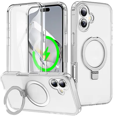 Immagine prodotto di Per Apple iPhone 16 Plus pelle smerigliata sentire MagSafe anello titolare 360 gradi caso trasparente
