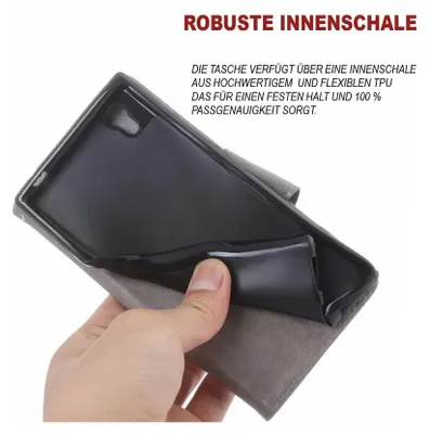 A hand is holding a phone case, demonstrating its flexibility and inner lining.