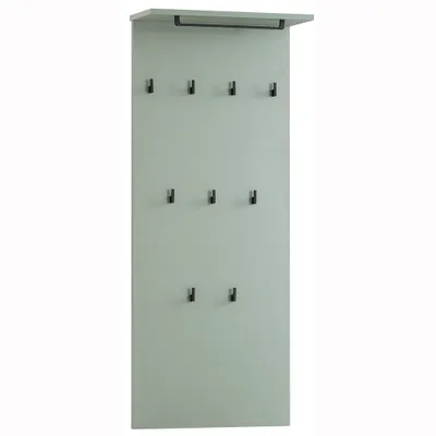 A light green coat rack with a shelf and multiple hooks, shown against a white background.