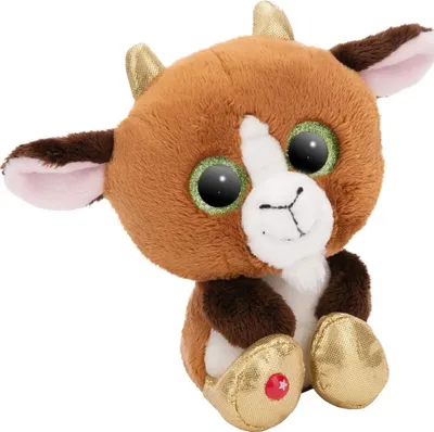 A plush toy goat is shown sitting against a white background.