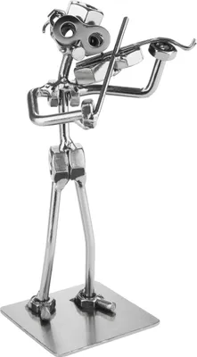 A metal figurine of a violinist playing a violin, made from nuts and bolts, standing on a square metal base.