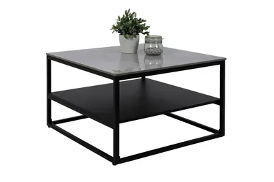 A square coffee table with a marble-look top and a black shelf and frame, displayed on a white background.