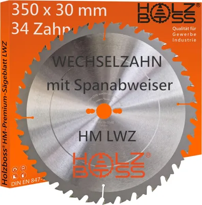 Produktbild von Holzboss ® HM-Sägeblatt 350 x 30 mm LWZ 34 x Zahn mit Spanabweiser und Rückschlagarm Wechselzahn WZ Kreissägeblatt Profisägeblatt 350x30 Längsschnitte