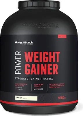 A large black tub of Body Attack Power Weight Gainer supplement with red and white text.