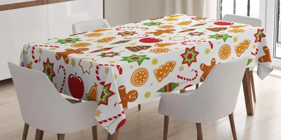 Obrázok produktu pre ABAKUHAUS Perníkový muž Obrus, Perníkový muž Cukrová tyčinka Hviezda Vianočné cukrovinky Vianočný stromček Motívy Koláž, 140 x 240 cm, viacfarebný