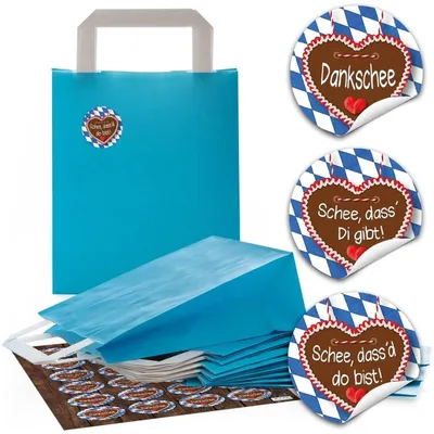 Produktbild von 24 blaue Papiertüten Geschenktüten Geschenktaschen Henkel Boden 18 x 8 x 22 cm kleine Papiertaschen + 24 Aufkleber Bayrisch blau weiß kariert Souvenir Verpackung Geschenke give-away MitgebselBayerisch