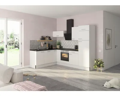 Obrázek produktu pro Rohová kuchyňská linka Optifit se spotřebiči Rurik986 270 cm barva čela leskle bílá barva korpusu bílá v nesmontovaném stavu