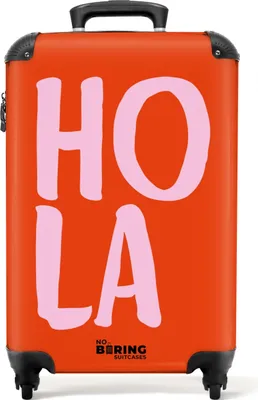 Produktbild von NoBoringSuitcases.com® Koffer Handgepäck Trolley Rollkoffer Kleine Reisekoffer mit 4 Rollen - Rot und rosa Zitat 'hola' - Cabin Size < 55x40x23 cm & 55x40x20 cm - Fotokoffer - Kabinenkoffer - BoardgepäckHandgepäck Koffer 55x35x20 cm, 36L,