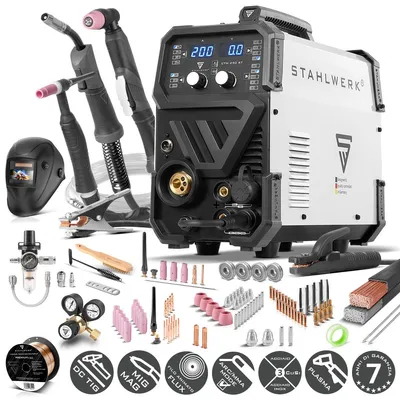 Immagine prodotto di STAHLWERK Saldatrice ad arco schermato a gas 4-in-1 combi CTM-250 ST - completamente equipaggiata - TIG, MIG/MAG, MMA (E-Hand/ARC), FLUX (filo animato) 200 A, CUT (plasma) 45 A