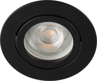 A close-up, front-facing studio shot of a black recessed ceiling light with a clear glass lens.