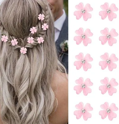 Image de Mini-barrettes à cheveux ornées de fleurs roses et de strass, petites barrettes décoratives pour les mariées.